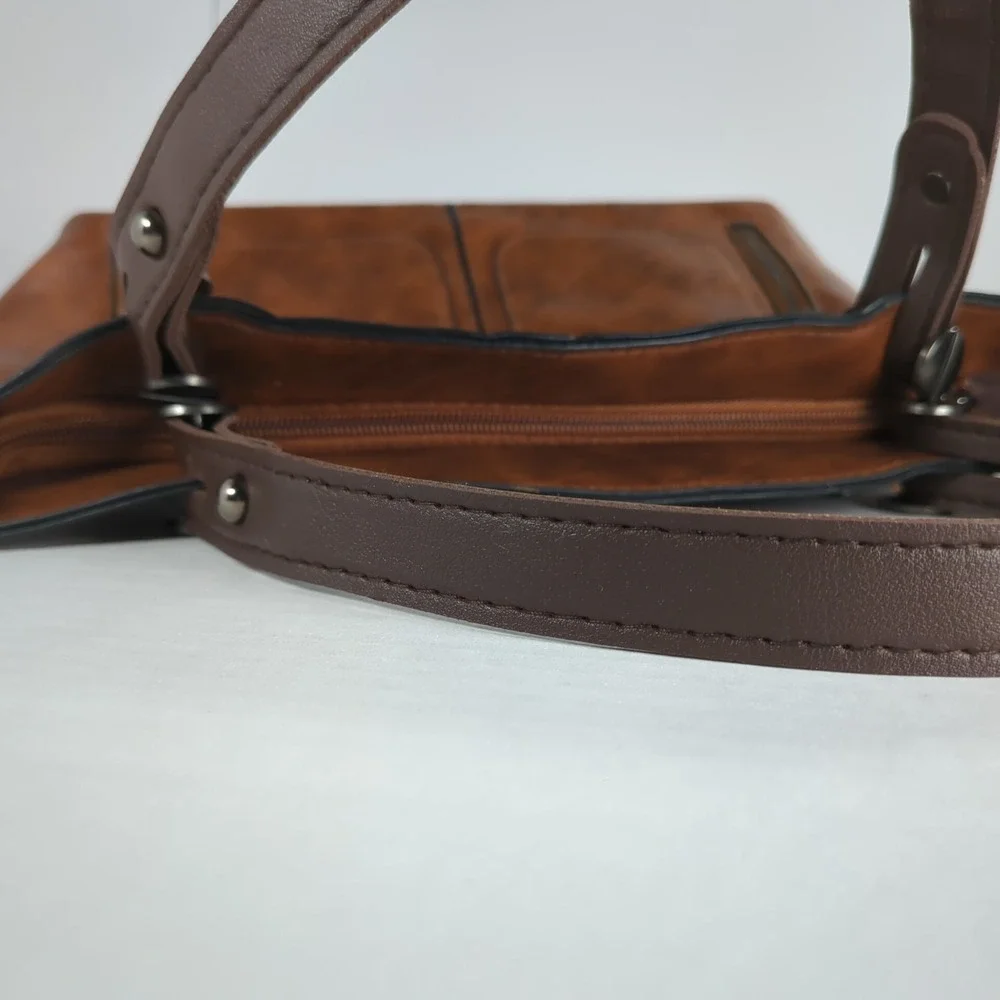 Brown Soft Vegan Leather‎ Satchel Handbag Multi-Pocket Organizer Purse  NEW